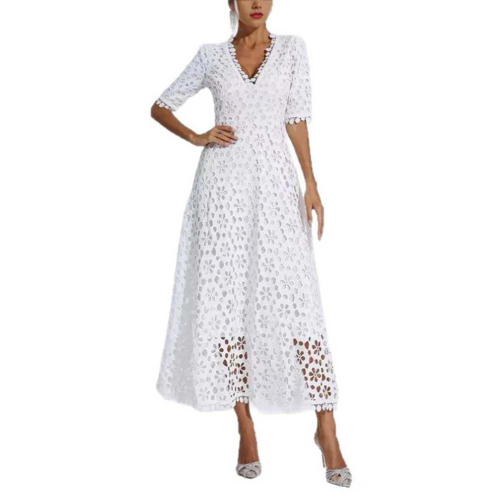 ZARA Womens Spring Summer Deep V Lace Midi Evening Dress Mid Sleeve